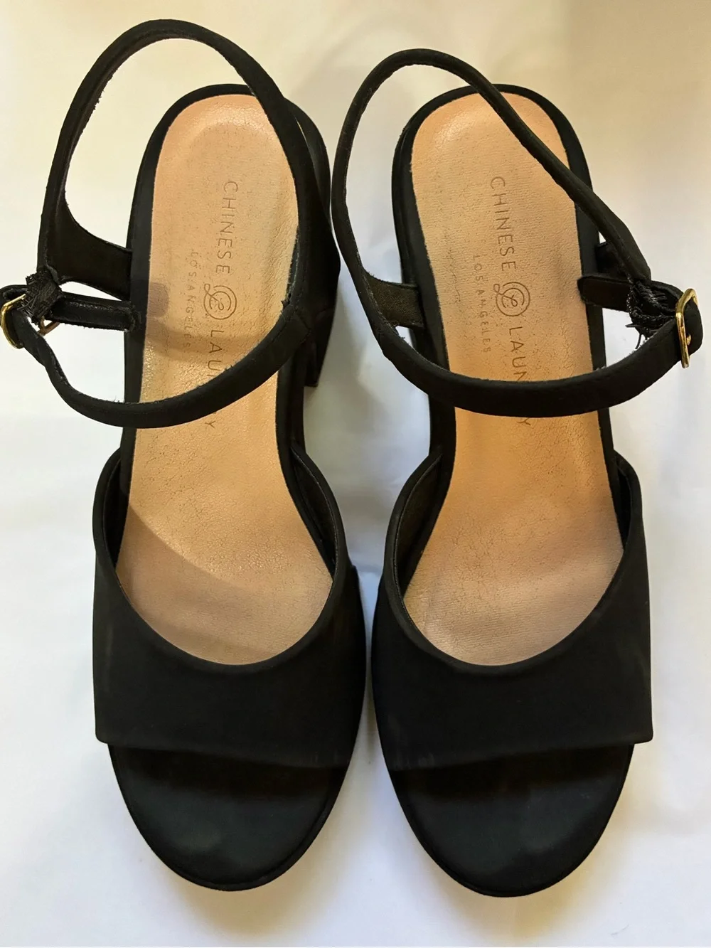 Vtg Chinese Laundry y2k Black velvet faux suede platform block Slingback Sandals